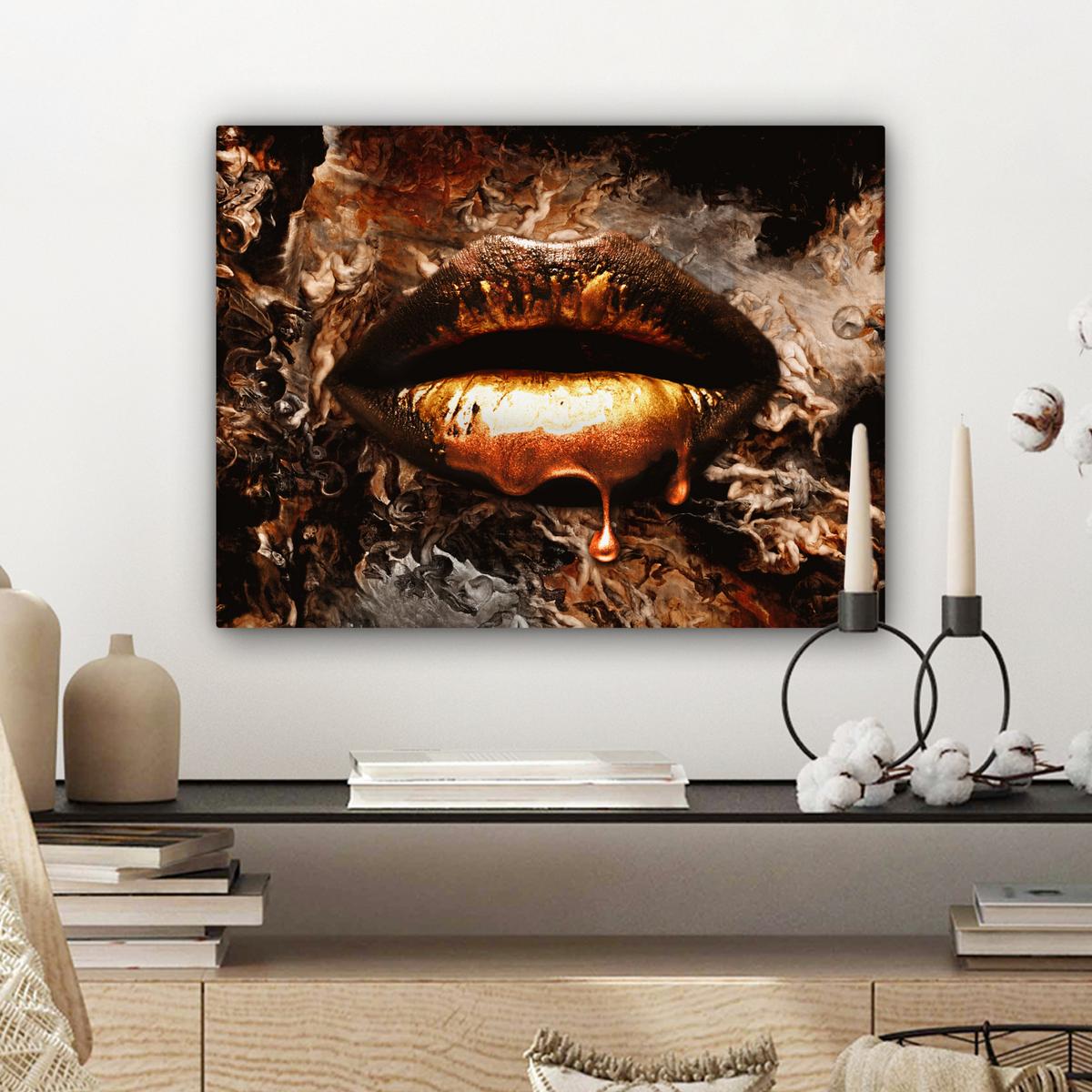 LEINWANDBILD Gold - Lippen - Kunst - Gold - Luxus - Abstrakt Wandbild 40x30 cm - Kupferfarben, Textil (40/30cm) - MuchoWow