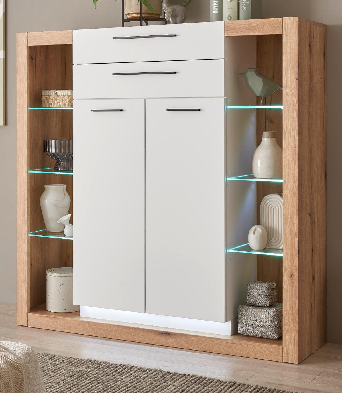 HIGHBOARD weiß matt, Evoke Eiche, Kommode 141 x 139 cm - Eichefarben/Silberfarben, Glas/Holzwerkstoff (141/139/37cm) - Furn.Design