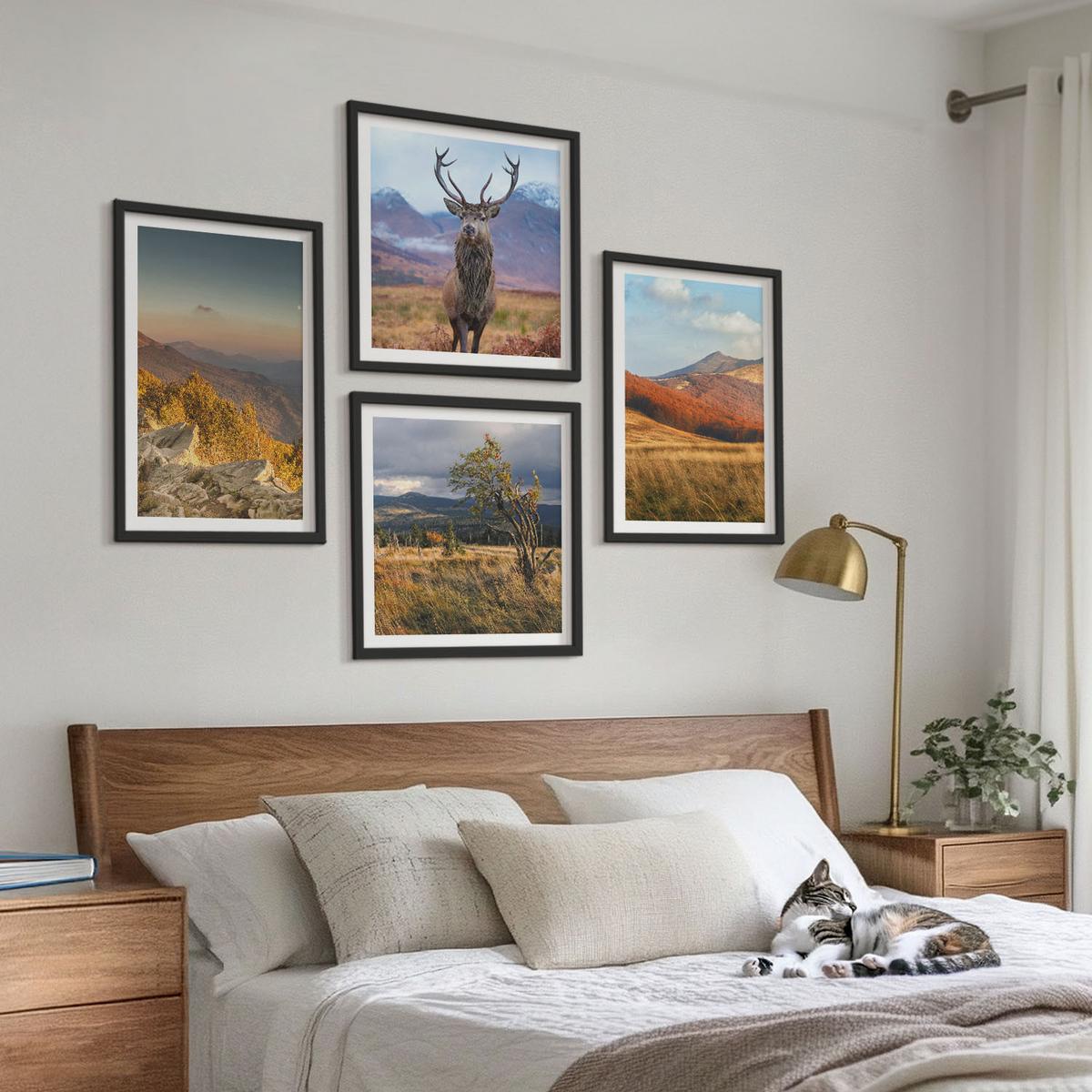BILDER SET 4er Set - 50x50 cm & 40x60 cm Schwarzer Rahmen - Berglandschaften, Hirschgras - Schwarz, Kunststoff (50/50cm) - TULUP