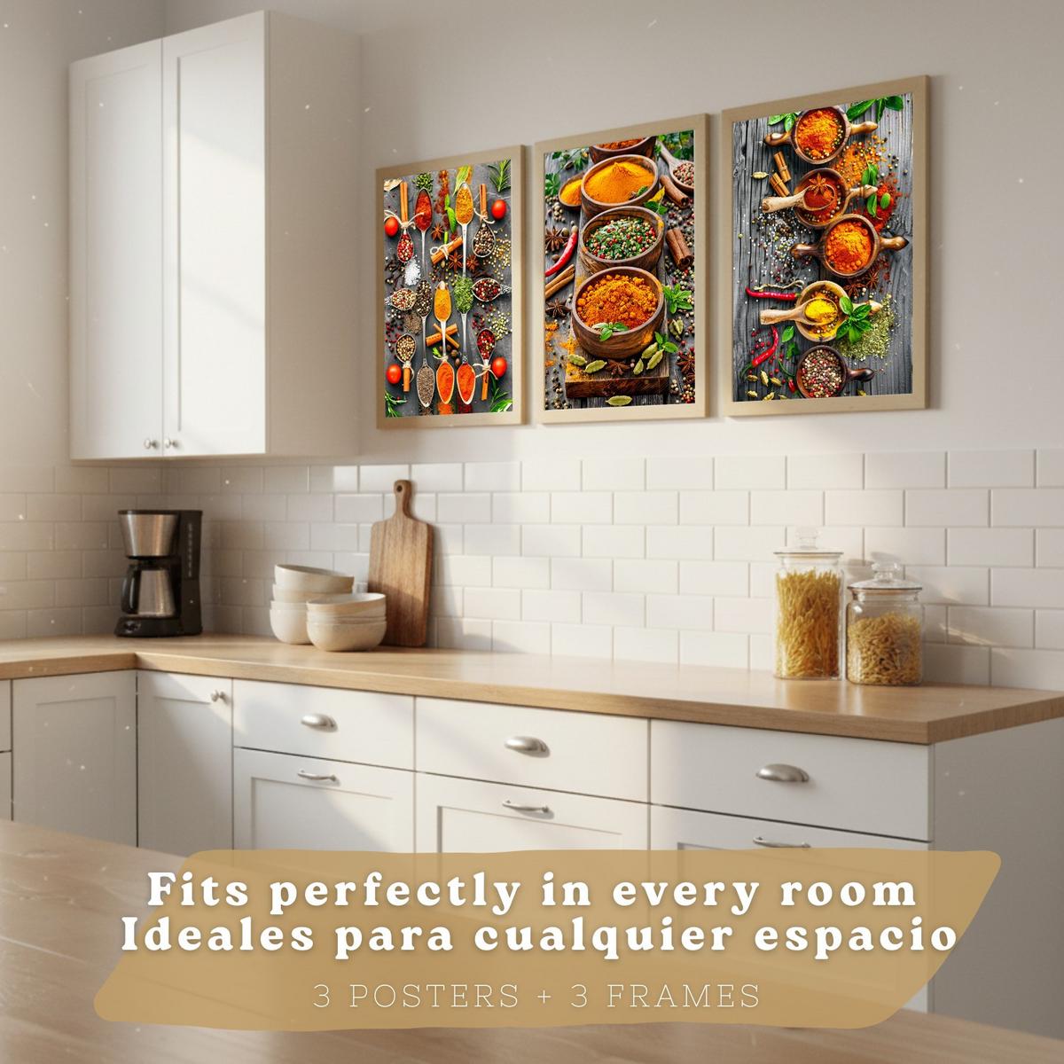 POSTER 3er Set Gewürze und Kräuter Wandbilder Aromatische Zutaten Food Fotografie Küche Esszimmer Deko Leichter Holzrahmen A4 - Beige, Papier (29.7/1/21cm) - Nacnic