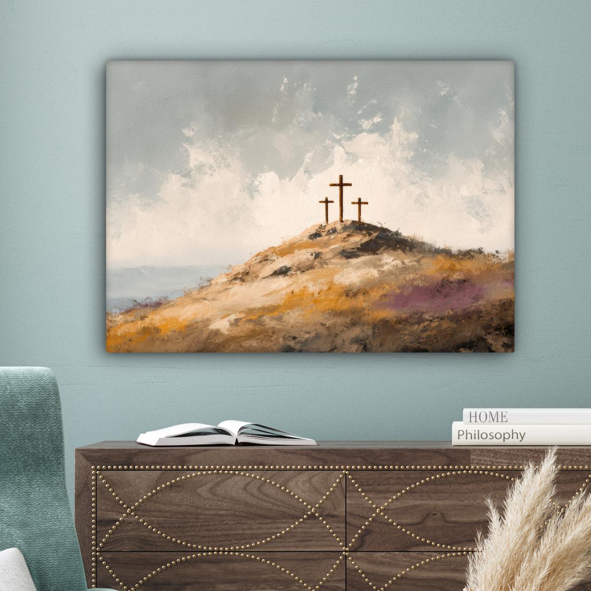 LEINWANDBILD Hügel - Abstrakt - Christentum - Kreuz Wandbilder 80x60 cm - Hellgrau, Textil (80/60cm) - MuchoWow