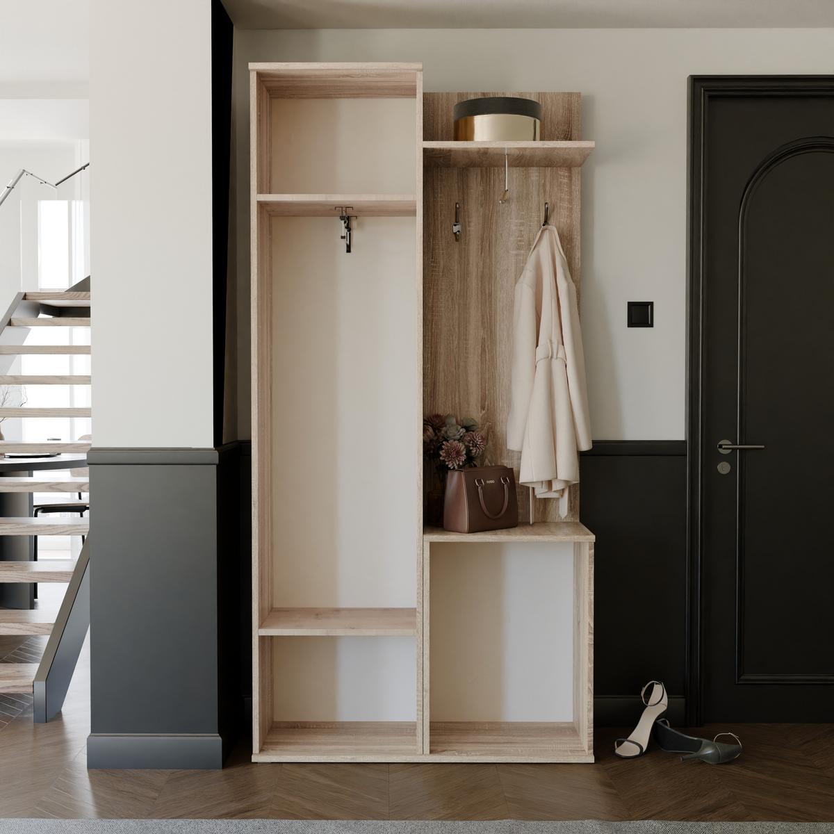 GARDEROBENSCHRANK mit Spiegel-mit Ablagen und Kleiderstange - Braun/Weiß, Holzwerkstoff (97/195/30cm) - Idohome