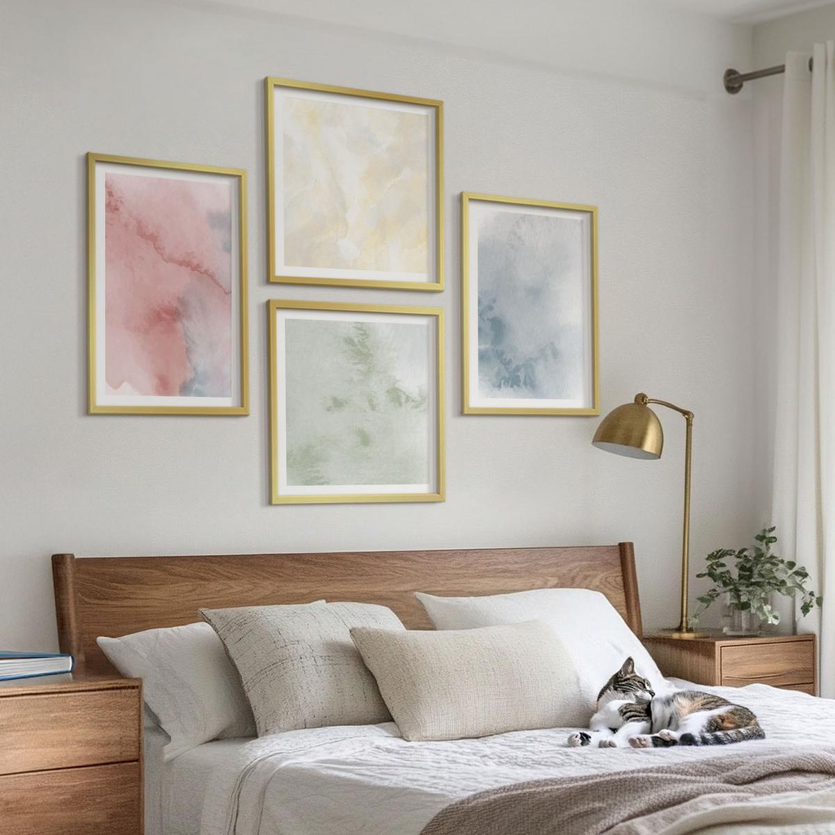 BILDER SET 4er Set - 50x50 cm & 40x60 cm Goldrahmen - Aquarellfarben in Pastellfarben - Goldfarben, Kunststoff (50/50cm) - TULUP