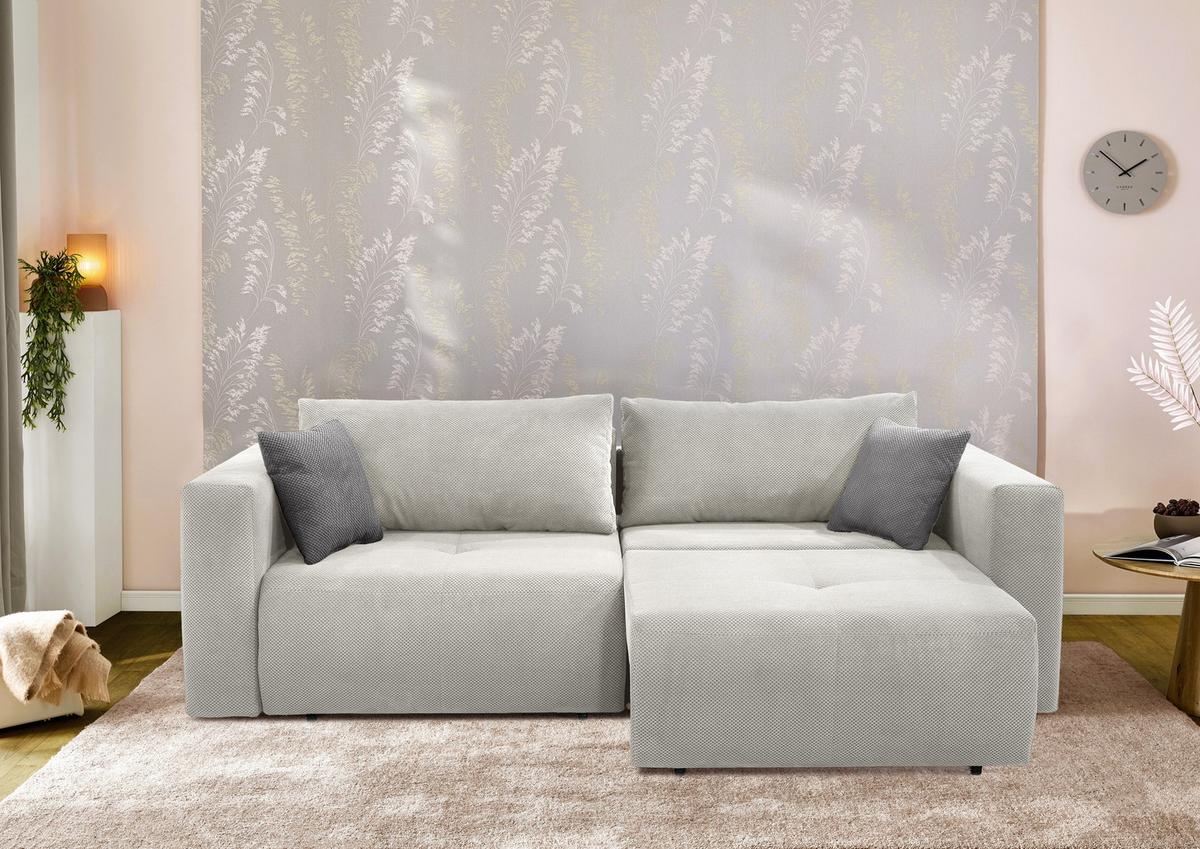 SCHLAFSOFA Verwandlung: Big-Sofa/Eckcouch, 2 Bettkästen, B243/T115-161/H84 cm, Liegefläche 145x197 cm, Waffelcord Silbergrau / 15242 - Silberfarben/Schwarz, Kunststoff/Textil (243/84/115cm) - luma-home