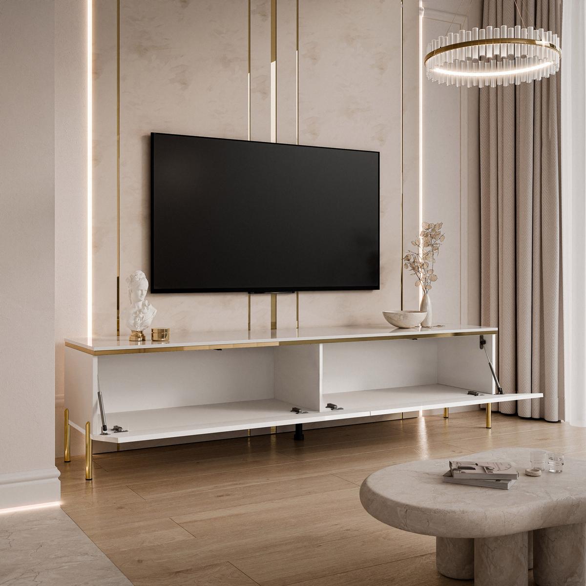 TV-LOWBOARD AURORA Weiß Hochglanz mit gerade Goldchrom Fuße und LED Beleuchtung - Weiß Hochglanz/Goldfarben, Holzwerkstoff/Metall (180/46/40cm) - Lookway
