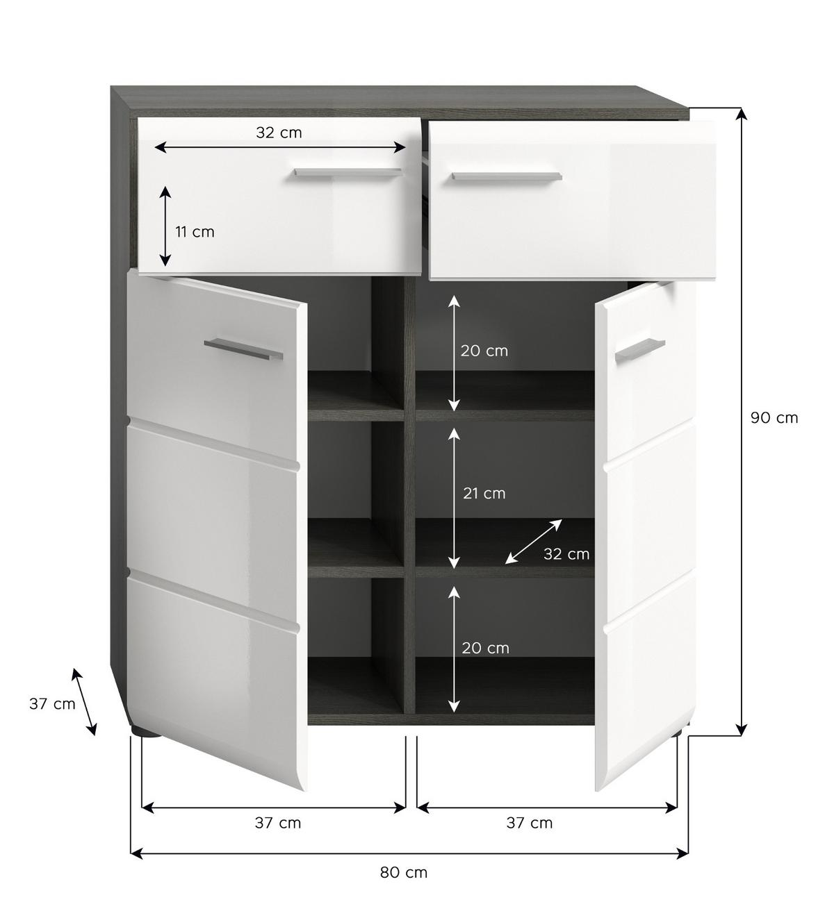 SCHUHSCHRANK weiß Hochglanz, grau 80 cm, Schuhkommode mit viel Stauraum - Weiß Hochglanz/Silberfarben, Holzwerkstoff/Kunststoff (80/90/37cm) - Inn.Furn