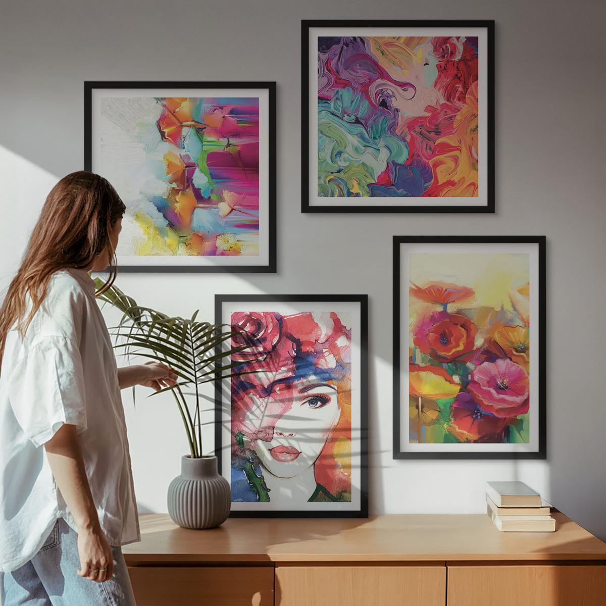 BILDER SET 4er Set - 50x50 cm & 40x60 cm Schwarzer Rahmen - Porträt von Blumen in intensiven Farben - Schwarz, Kunststoff (50/50cm) - TULUP
