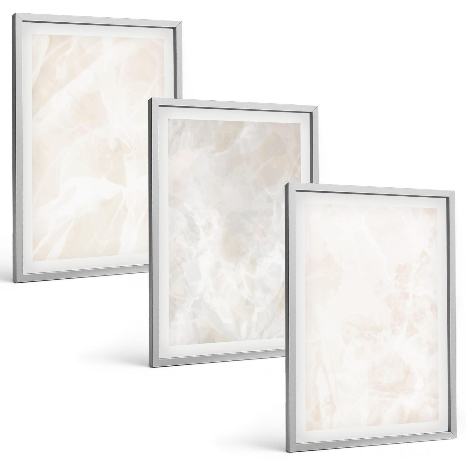 BILDER SET 3er Set - 40x60 cm Silberner Rahmen - Die Struktur von elegantem Marmor - Silberfarben, Kunststoff (40/60cm) - TULUP