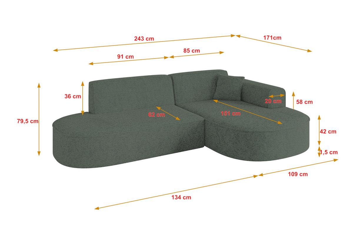ECKSOFA Ottomane Rechts MARI-L1 - 243x171x79 cm Grün Tissu - Schwarz/Grün, Holzwerkstoff/Kunststoff (171/243cm) - ALTDECOR
