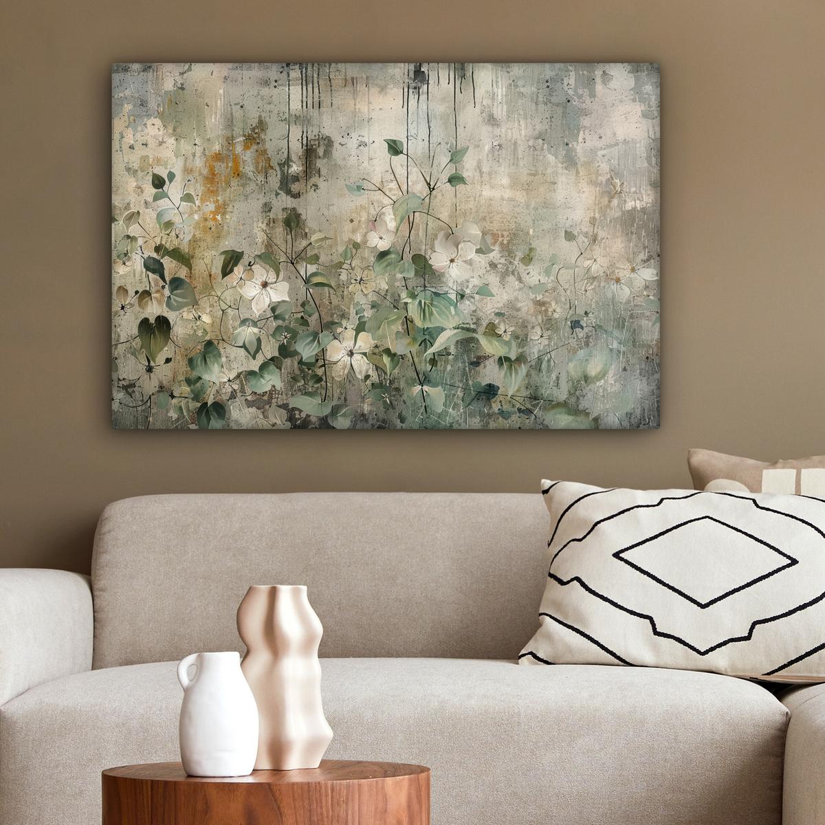 LEINWANDBILD Blumen - Blätter - Abstrakt - Modern Wanddeko 90x60 cm - Grau, Textil (90/60cm) - MuchoWow
