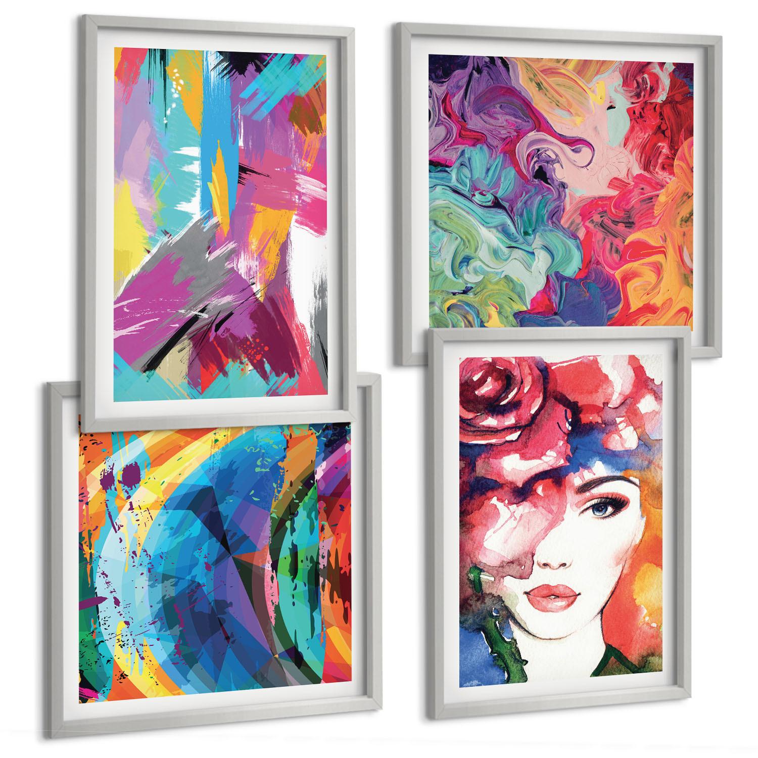 BILDER SET 4er Set - 50x50 cm & 40x60 cm Silberner Rahmen - Farbenfrohes abstraktes Porträt - Silberfarben, Kunststoff (50/50cm) - TULUP