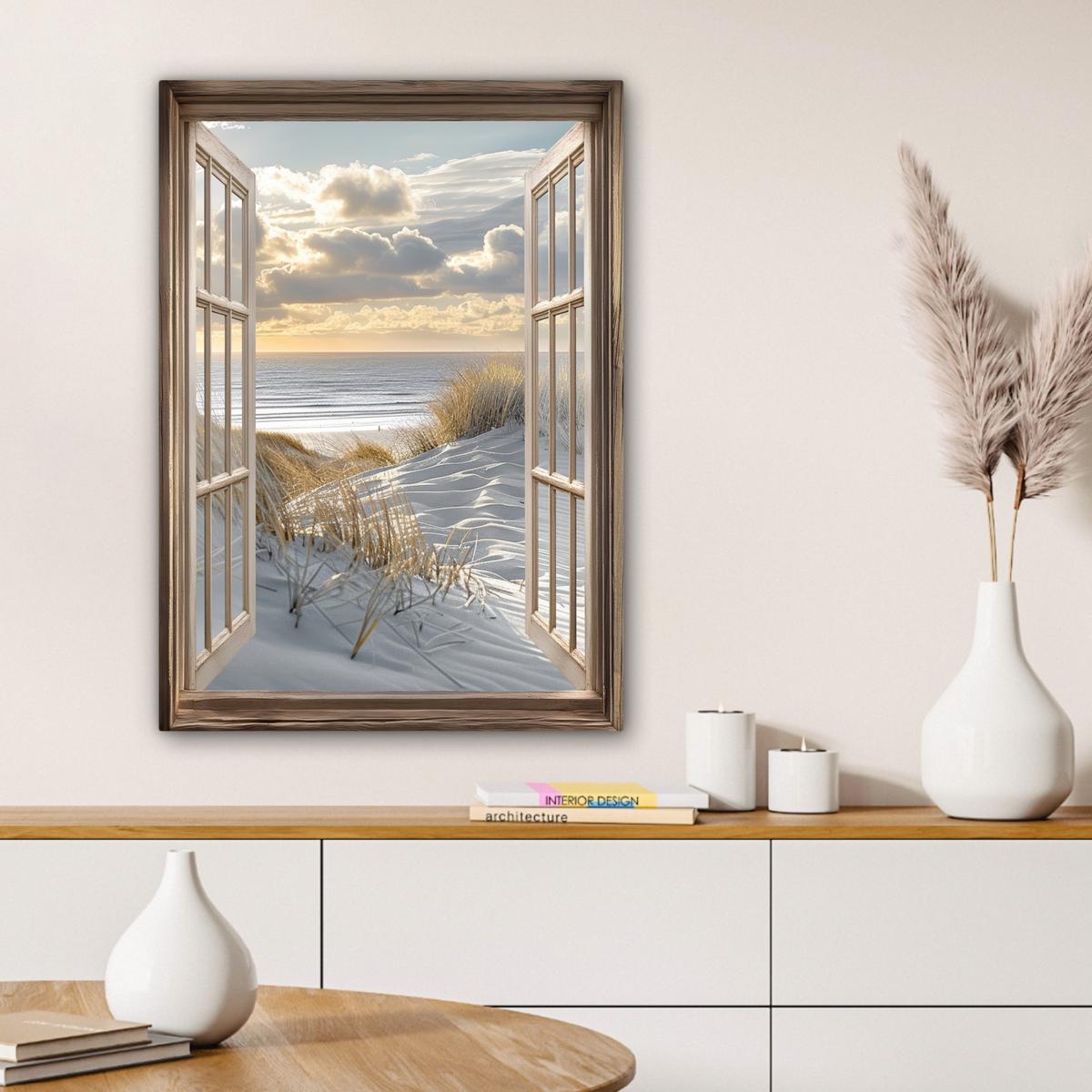 LEINWANDBILD Ausblick - Strand - Dünen - Meer - Natur Wandbild Wohnzimmer 60x80 cm - Sandfarben, Textil (60/80cm) - MuchoWow