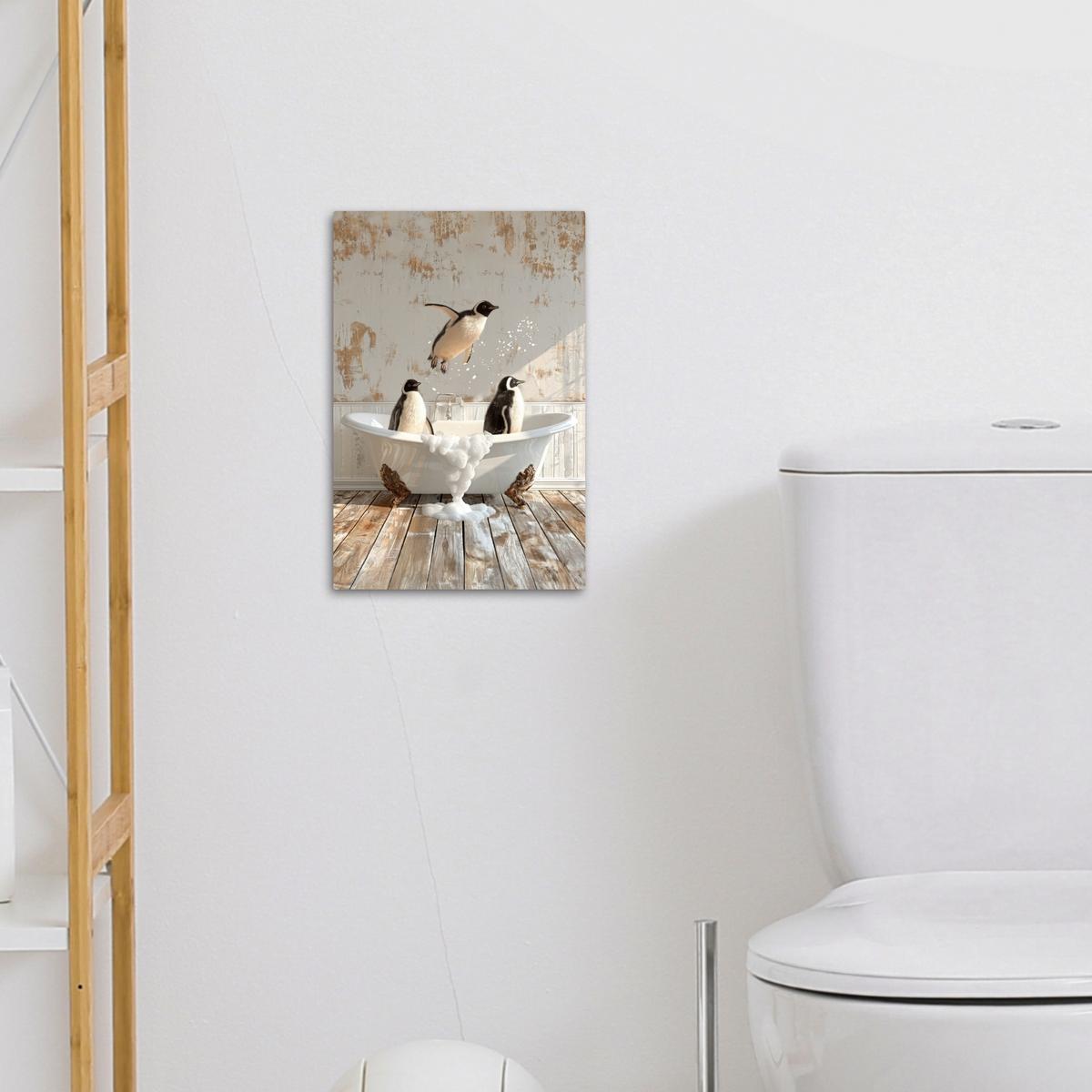 LEINWANDBILD Vintage - Pinguin - Badewanne - Schaumstoff Deko Wohnzimmer 20x30 cm - Schwarz, Textil (20/30cm) - MuchoWow