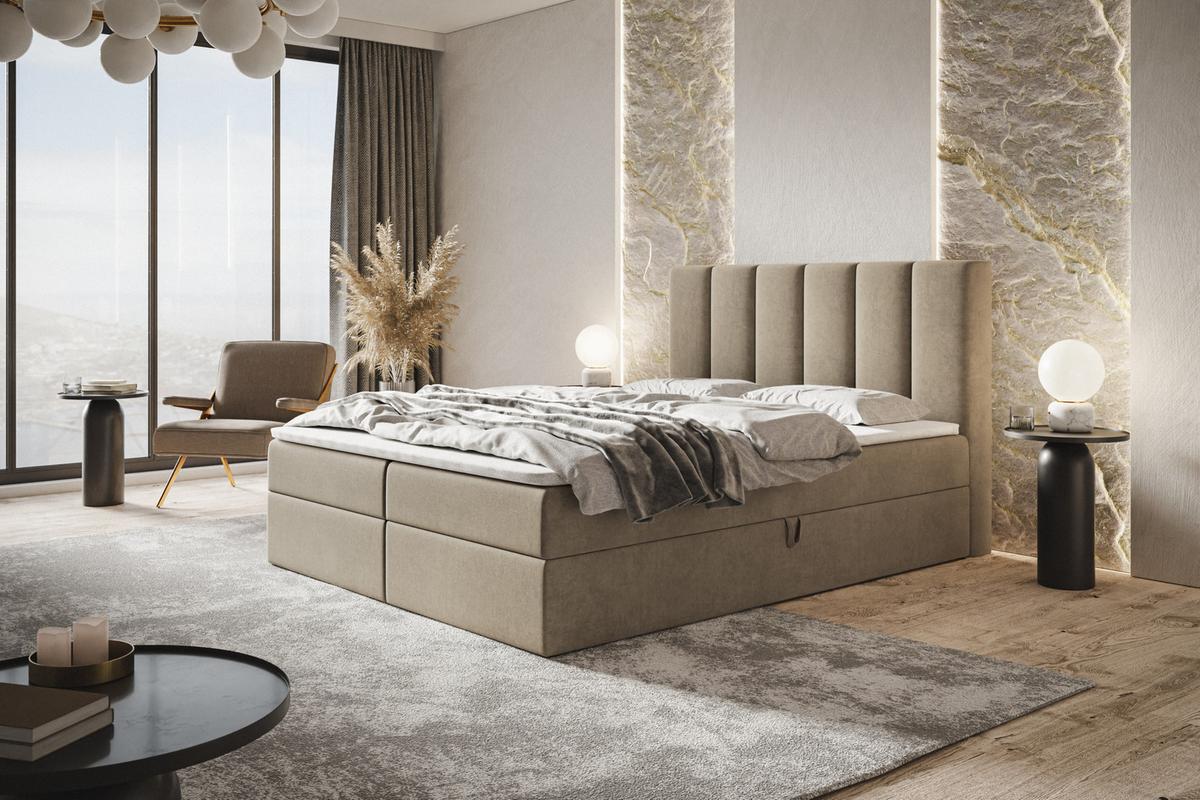 BOXBETT TOKIO mit 2 Bettkästen, 180x200, Farbe: Sand, Velourstoff, Doppelbett mit Bonell-Matratze - Sahara, Holz/Kunststoff (180/200cm) - Alpi-Möbel