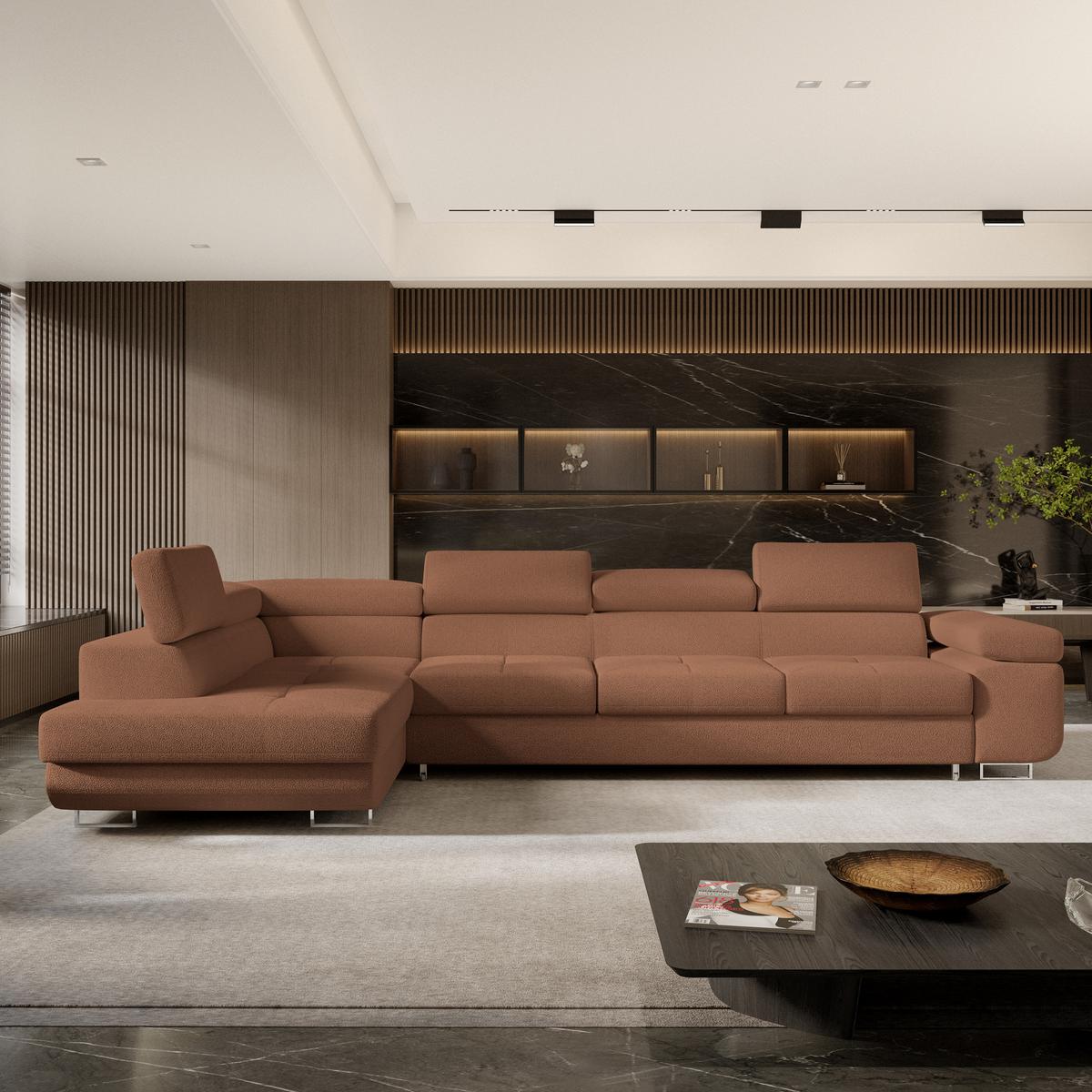 ECKSOFA VICENTE Kupferfarben Boucle-Stoff mit Schlaffunktion - Kupferfarben, Holz (346/202cm) - MASSENO