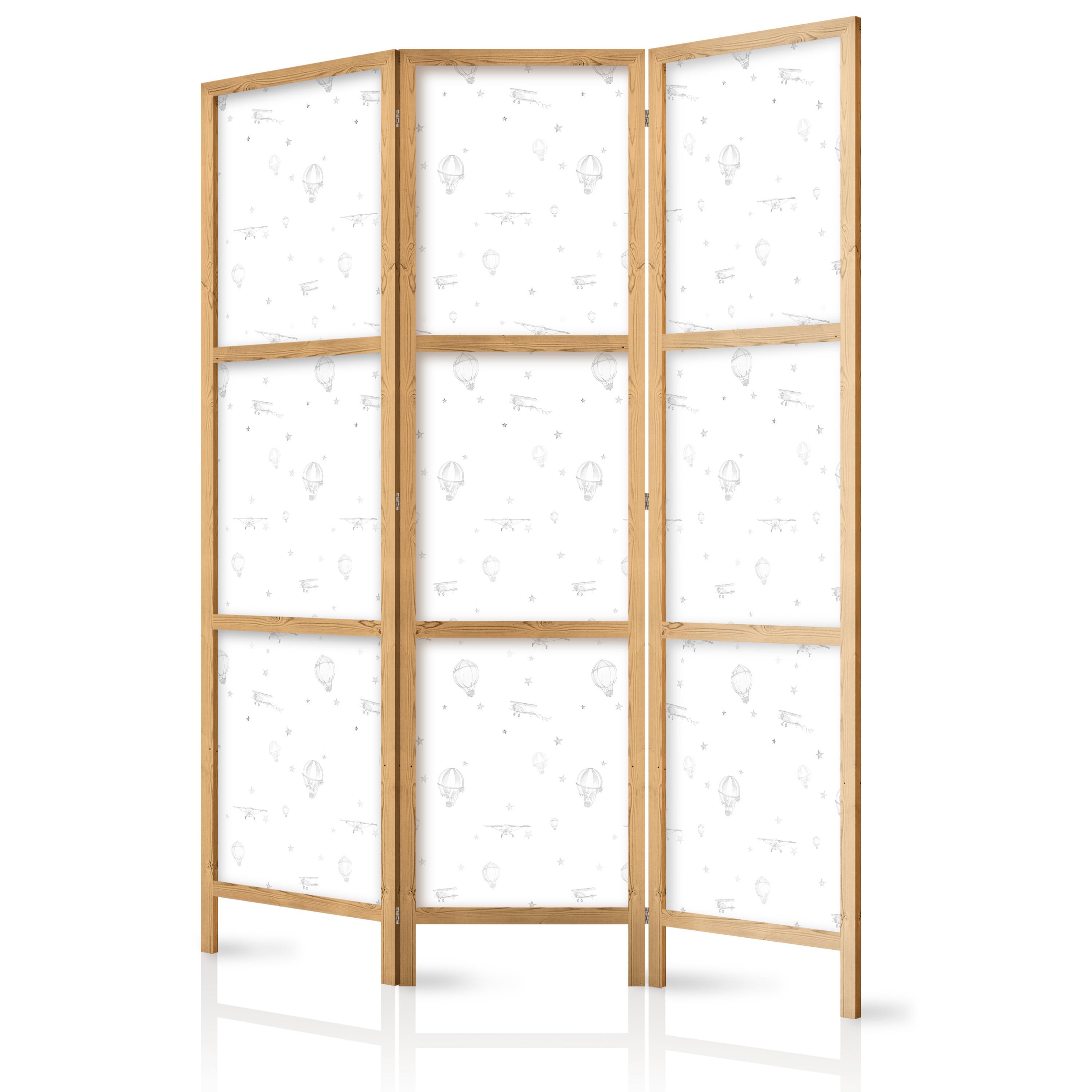 PARAVENT Japanischer 3-tlg 135x172 cm Luftballons Sterne Flugzeuge - Weiß, Holz/Textil (135/172/3cm) - Muralo