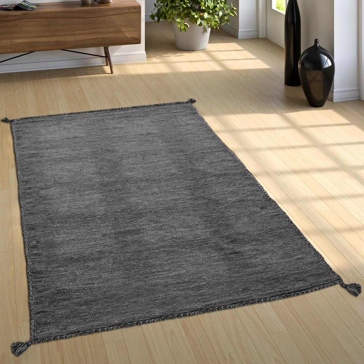 BAUMWOLLTEPPICH handgewebt mit Fransen, einfarbig, Grau, 160 x 220 cm - Grau, Textil (220/160cm) - KADIMA DESIGN