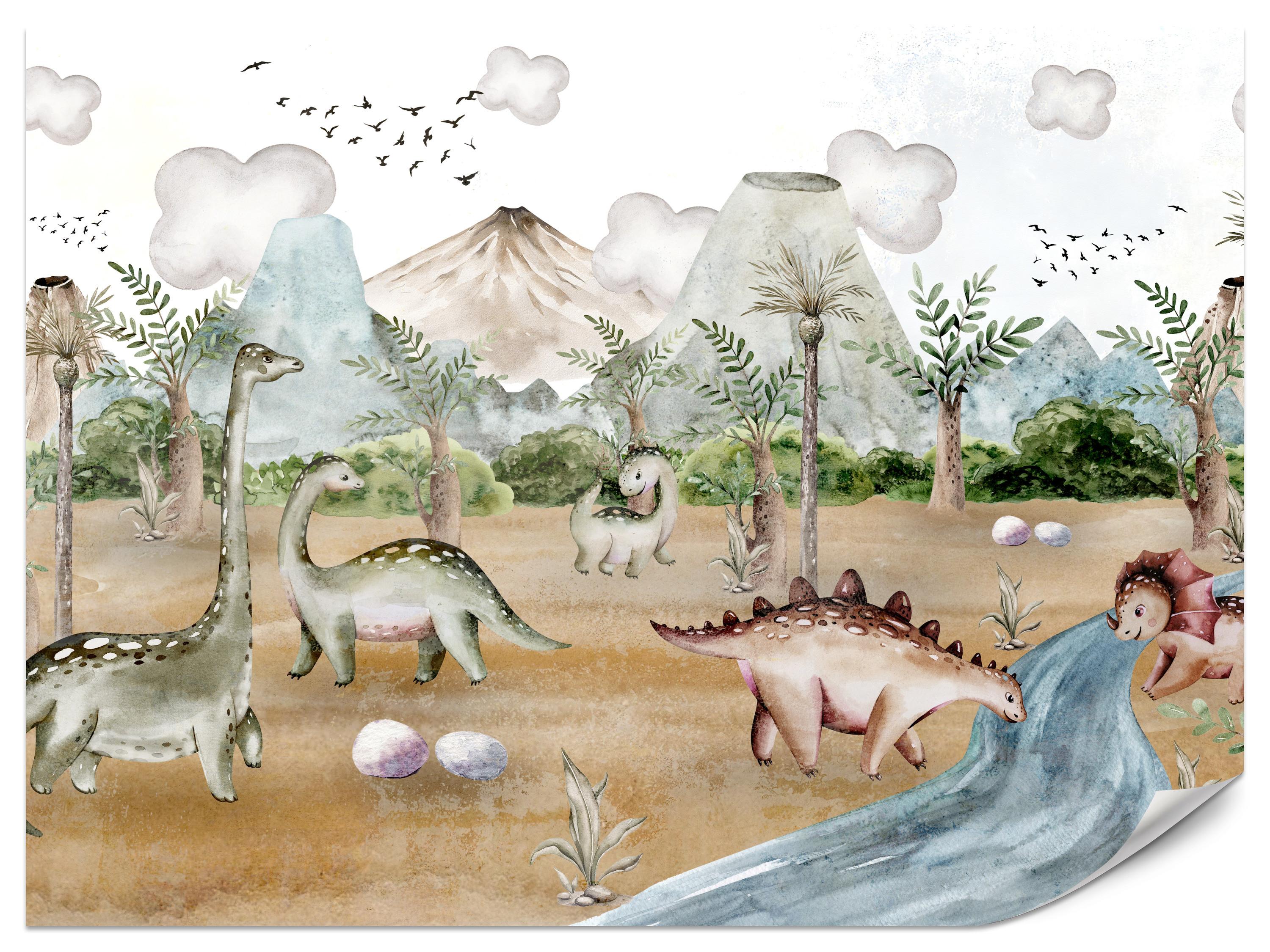 FOTOTAPETE für Kinderzimmer Dinosaurier Welt Vulkane Aquarell Tropische Bäume 300x210 - Blau/Beige, Papier (300/210cm) - Muralo