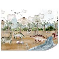 FOTOTAPETE für Kinderzimmer Dinosaurier Welt Vulkane Aquarell Tropische Bäume 300x210 - Blau/Beige, Papier (300/210cm) - Muralo