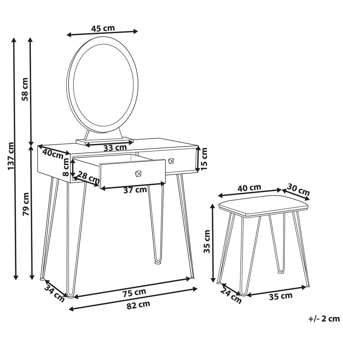 SCHMINKTISCH mit ovalem LED-Spiegel Hocker 2 Schubladen weiß/gold Caen - Goldfarben/Weiß, Holzwerkstoff (82/137/40cm) - Beliani