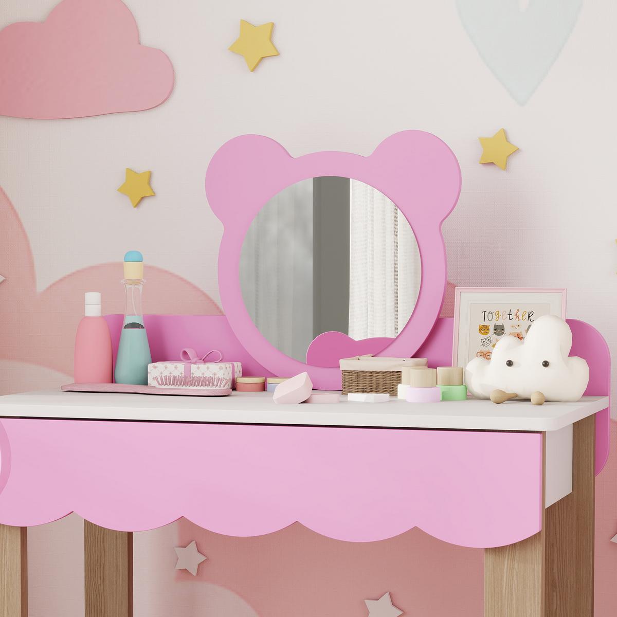 KINDER Schminktisch Set Frisiertisch mit Hocker Spiegel Schubladen Kosmetiktisch - Rosa/Naturfarben, Holzwerkstoff (35/86/68cm) - AIYAPLAY