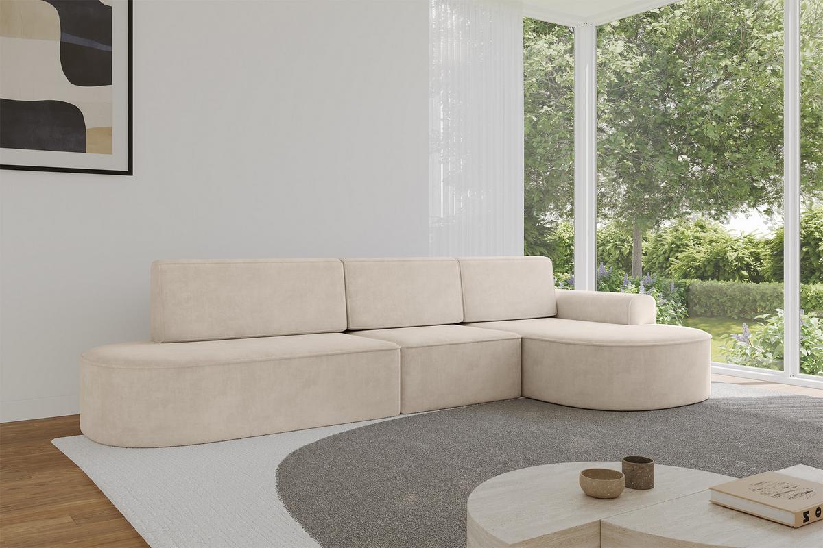 ECKSOFA mit Schlaffunktion Ottomane RECHTS MARI L2-S 368X167X85 Beige Velours - Sandfarben/Schwarz, Holzwerkstoff/Kunststoff (167/368cm) - ALTDECOR