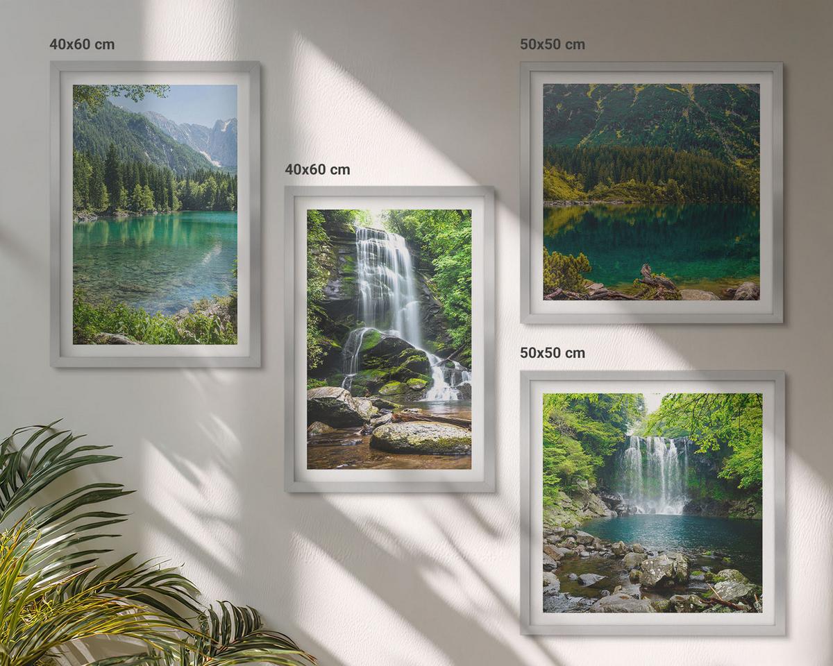 BILDER SET 4er Set - 50x50 cm & 40x60 cm Silberner Rahmen - Wasserfälle in grüner Umgebung - Silberfarben, Kunststoff (50/50cm) - TULUP