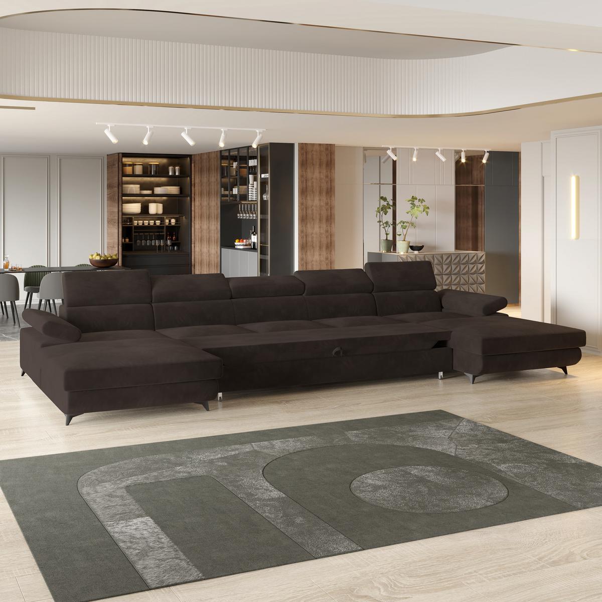 WOHNLANDSCHAFT VIVENTE Braun Velours-Stoff mit Schlaffunktion - Braun, Holz (410/89/190cm) - MASSENO