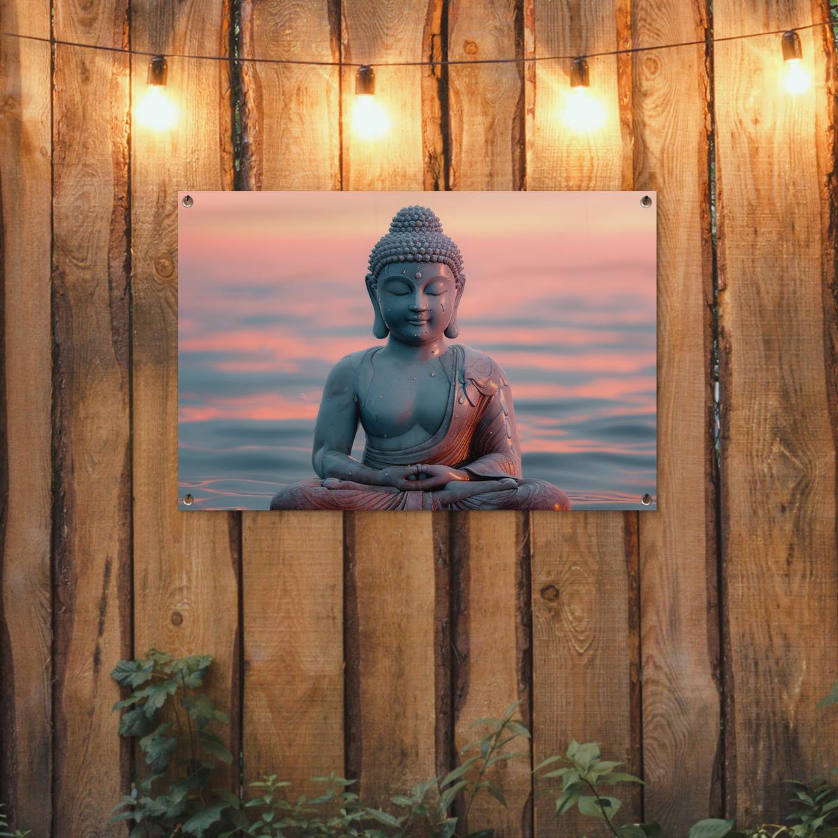 GARTENPOSTER Buddha - Statue - Buddha - Wasser - Kunst - Buddha Gartendeko 90x60 cm - Blaugrau, Kunststoff (90/60/0.2cm) - OnlyWow