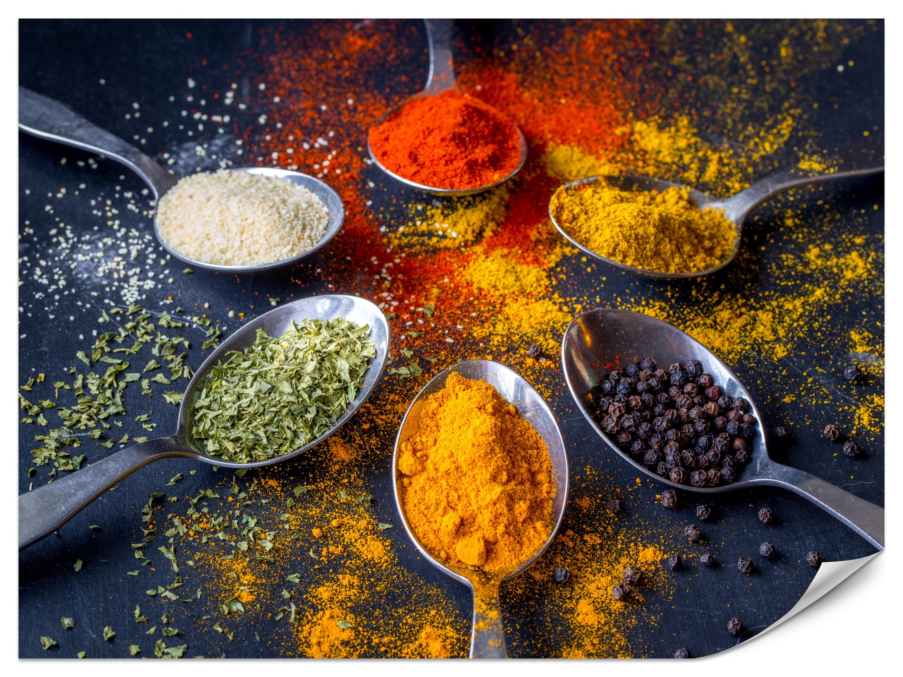 FOTOTAPETE für Küche Gewürzlöffel Orientalisch Curry Kurkuma Pfeffer 150x105 - Beige/Rot, Papier (150/105cm) - Muralo
