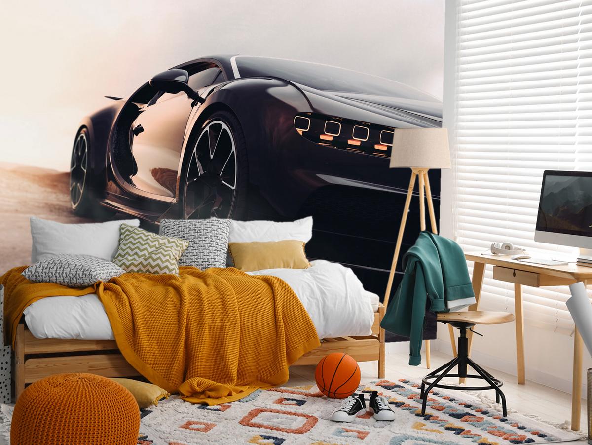 FOTOTAPETE für Jugendzimmer Schwarzer Sportwagen Wüste Luxus Auto Sand 500x350 - Gelb/Weiß, Papier (500/350cm) - Muralo