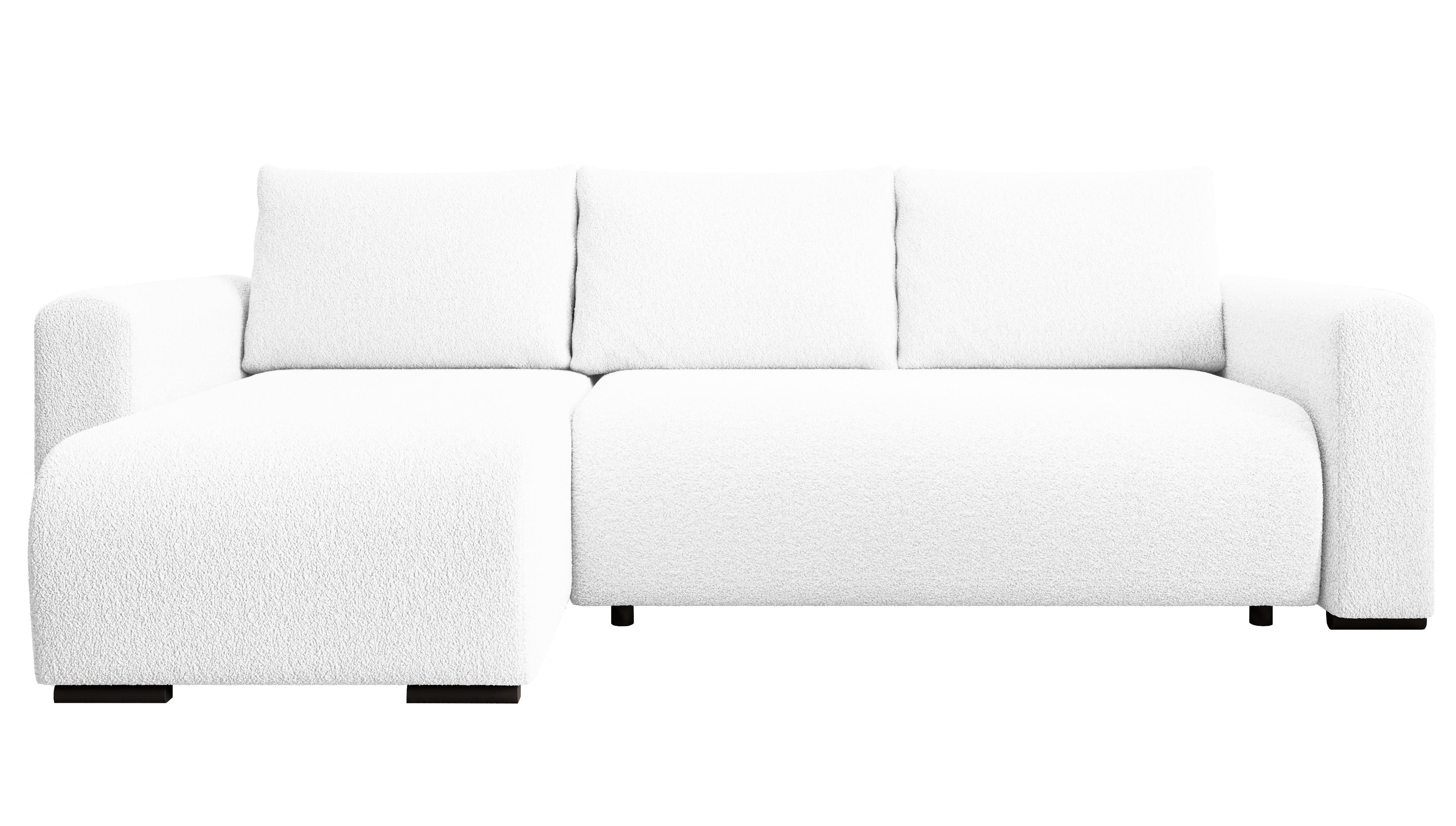ECKSOFA DORA L, Eckcouch in L-Form mit Schlaffunktion und Bettkasten, Farbe: Weiß, Bouclé-Stoff, Ottomane Links - Weiß, Textil (240/143cm) - Storez24