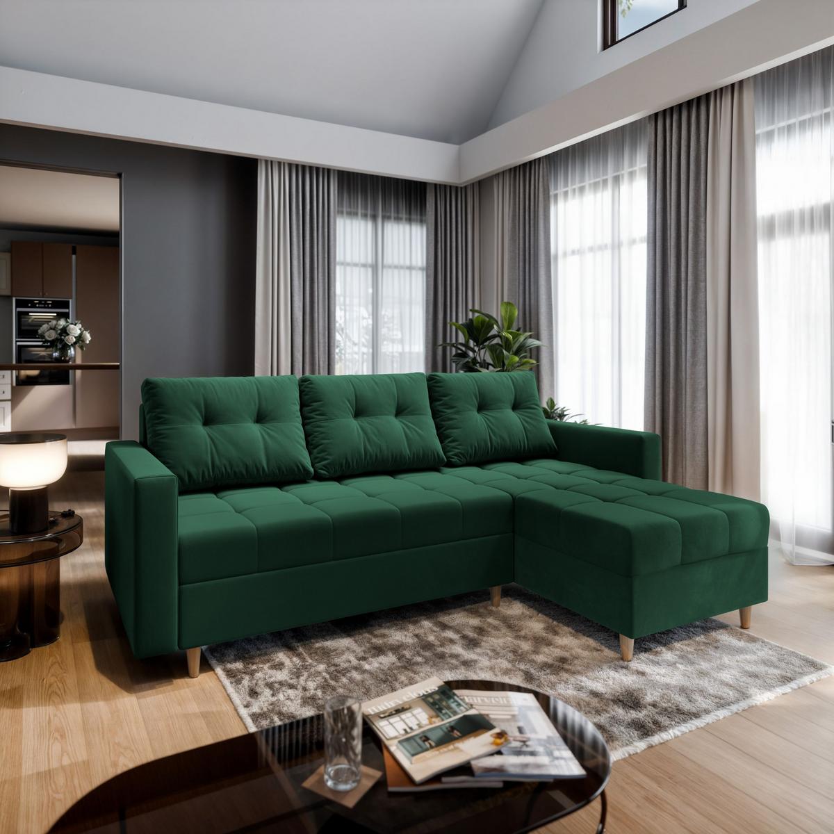 ECKSOFA MILO L Grün Plüsch-Stoff mit Schlaffunktion - Braun/Grün, Holz/Textil (220/140cm) - MASSENO