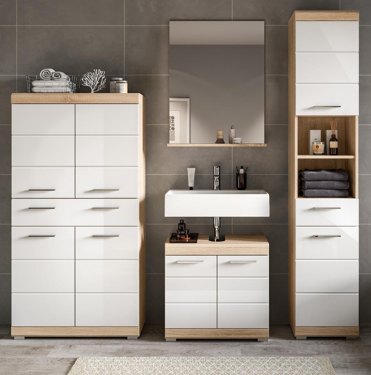 BADMÖBEL-SET weiß Hochglanz, Eiche 4-teilig 186 cm, viel Stauraum - Weiß Hochglanz/Eichefarben, Holzwerkstoff (186/191/34cm) - Inn.Furn
