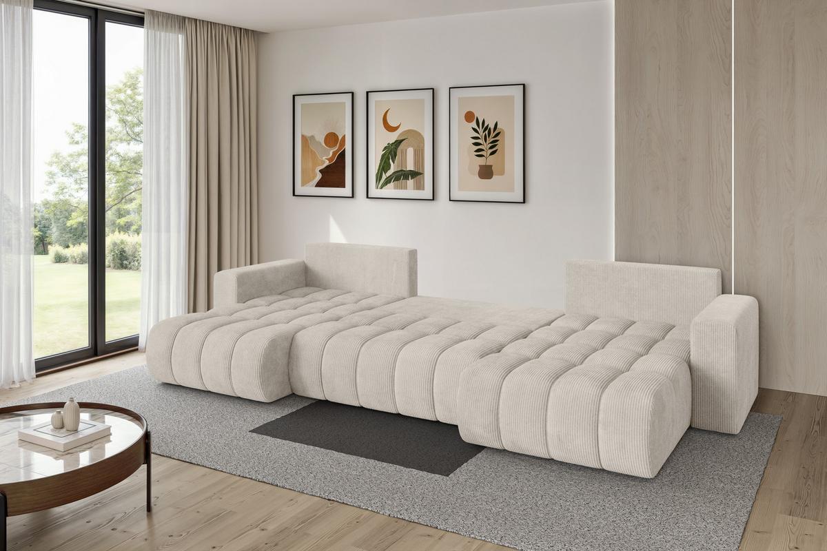 WOHNLANDSCHAFT mit Schlaffunktion und Bettkasten MILA-U-v1 378x194x86 Creme Cord - Ecru/Creme, Holzwerkstoff/Kunststoff (378/86/194cm) - ALTDECOR