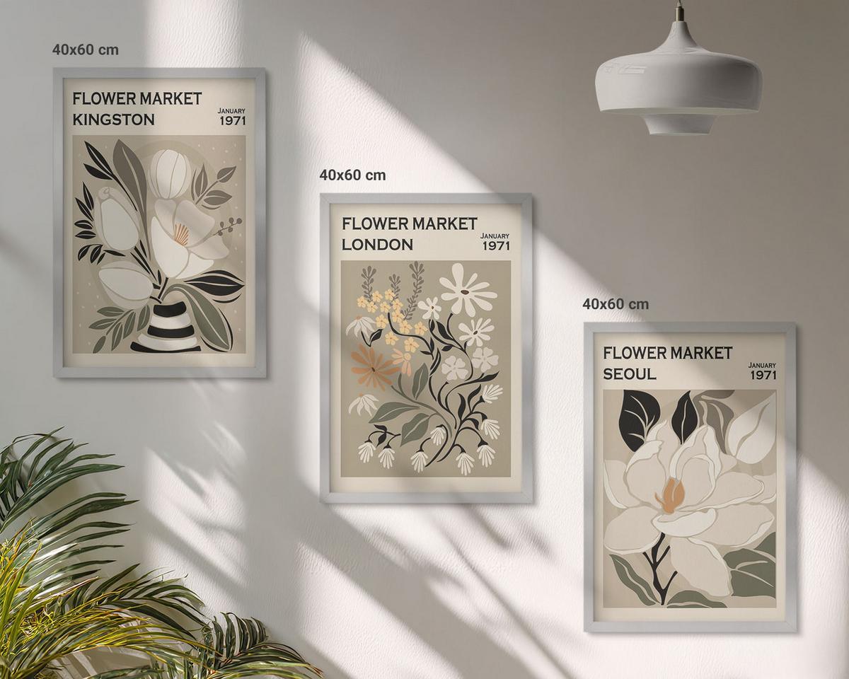 BILDER SET 3er Set - 40x60 cm Silberner Rahmen - Retro-Blumen aus Städten rund um die Welt - Silberfarben, Kunststoff (40/60cm) - TULUP