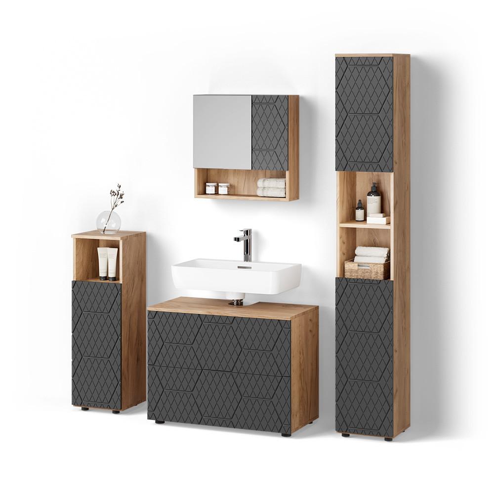 BADMÖBEL-SET Ronco Anthrazit mit Wabenstruktur 4 Teile, mit Schubladenschrank und Hochschrank - Anthrazit, Holzwerkstoff (80/58/41cm) - Livinity®