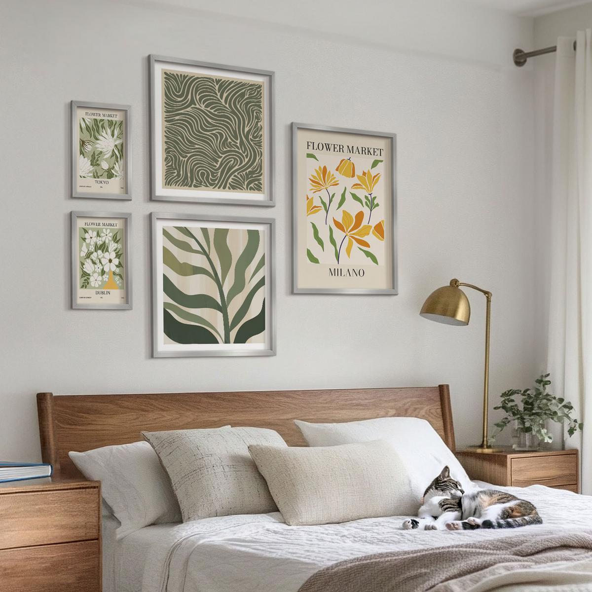 BILDER SET 5er Set - 50x50 cm & 20x30 cm & 40x60 cm Silberner Rahmen - Pflanzenmuster, Boho-Dekorationen - Silberfarben, Kunststoff (40/60cm) - TULUP