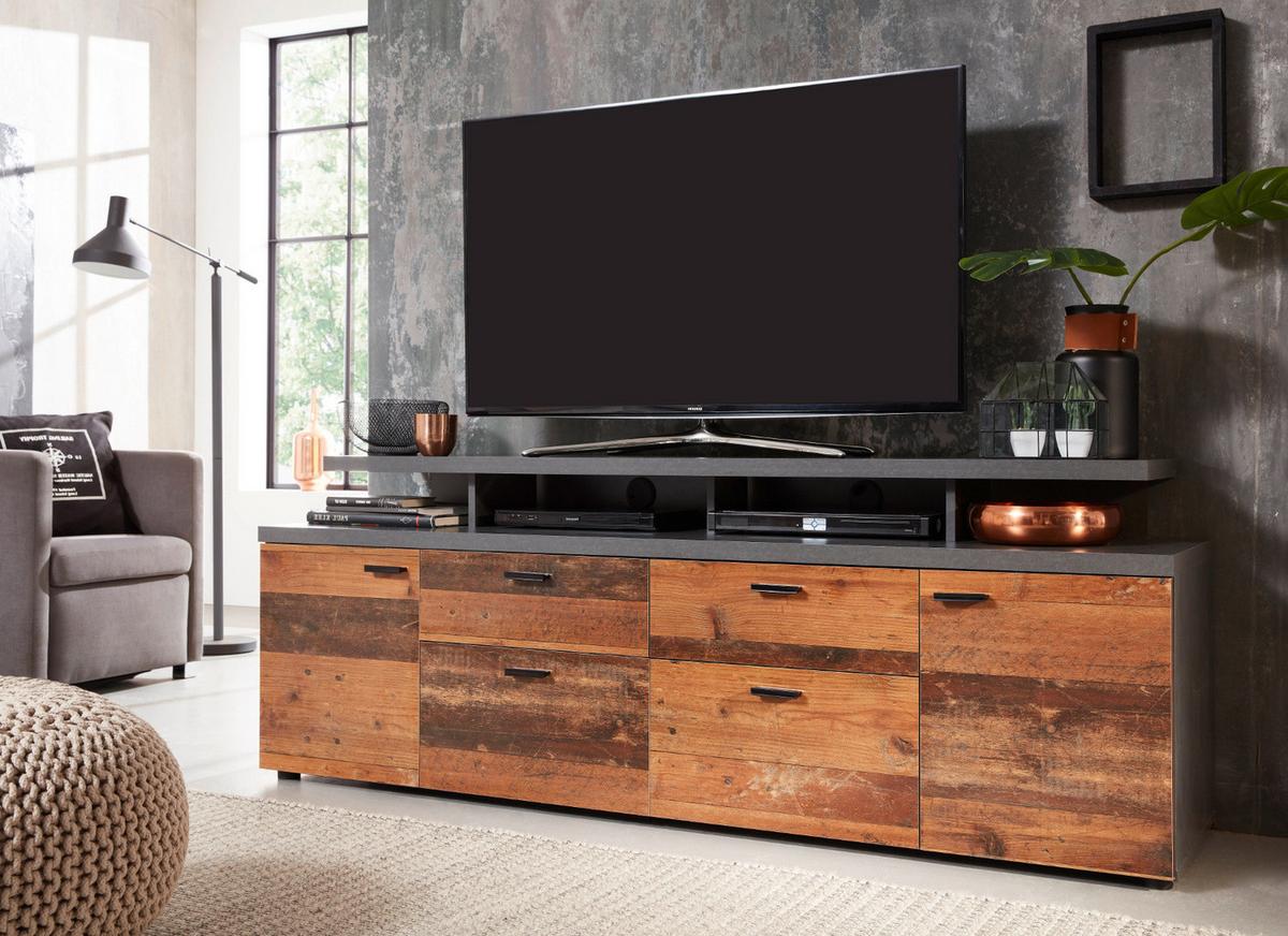 TV-LOWBOARD Old Used Wood Design mit grau Shabby 180 x 66 cm, TV Unterteil in Komforthöhe - Schwarz/Braun, Holzwerkstoff/Kunststoff (180/66/47cm) - Top.Furn