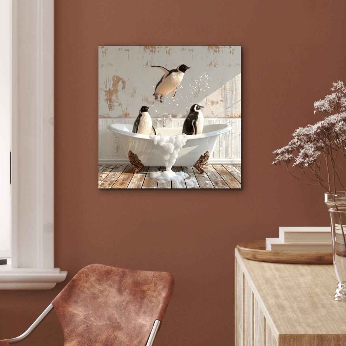 METALLBILD Vintage - Pinguin - Badewanne - Schaumstoff 50x50 cm - Schwarz, Metall (50/50cm) - MuchoWow