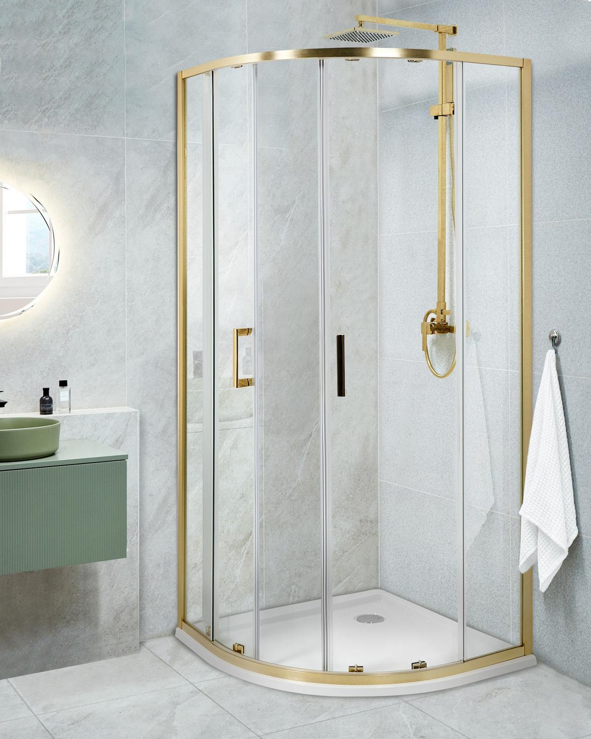 DUSCHKABINE 90/90/185 cm Gold Jukatan - Transparent/Goldfarben, Glas (90/90/185cm) - Beliani
