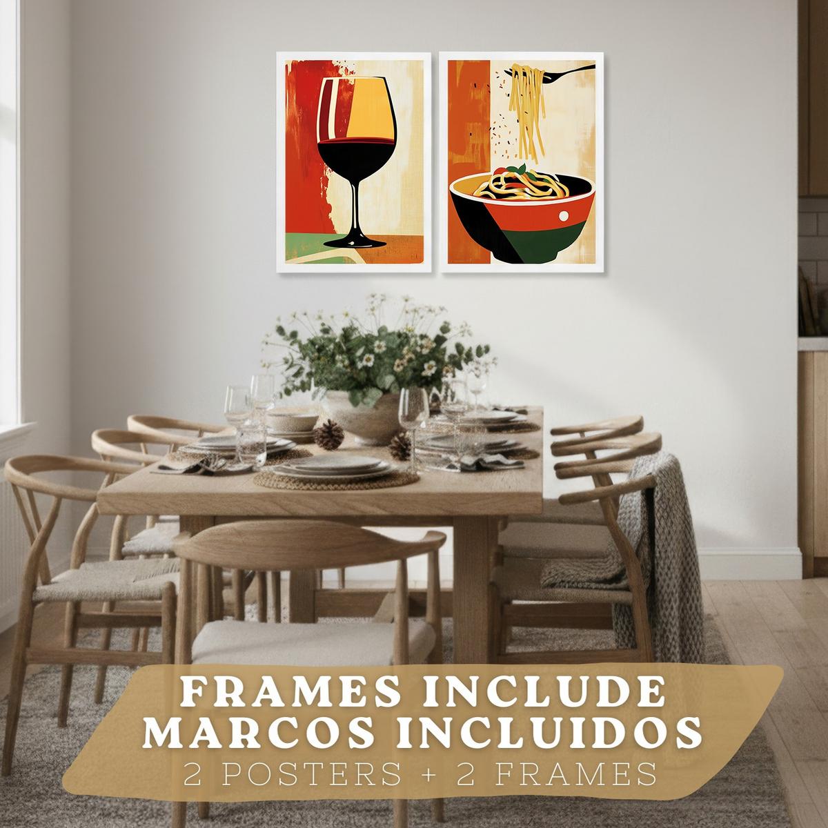 POSTER 2er Set Küchen-Wandbilder Rotwein und Pasta Vintage Retro Esszimmer Wanddeko Rahmenlos A4 - Weiß, Papier (29.7/1/21cm) - Nacnic