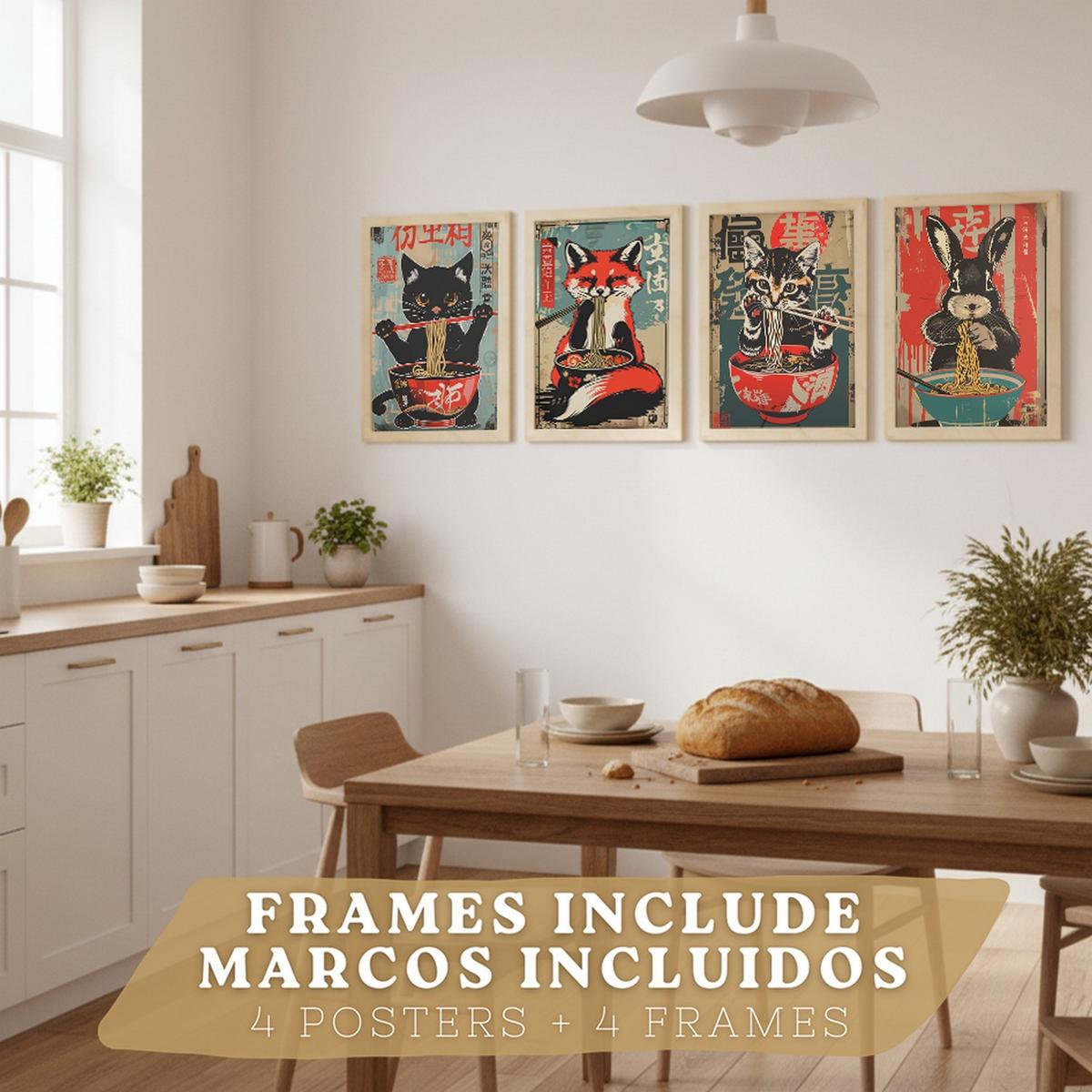 POSTER 4er Set Japanische Ramen Tier-Wandbilder Katze Fuchs und Hase Nudeln Vintage Küche Deko Leichter Holzrahmen A4 - Beige, Papier (29.7/1/21cm) - Nacnic
