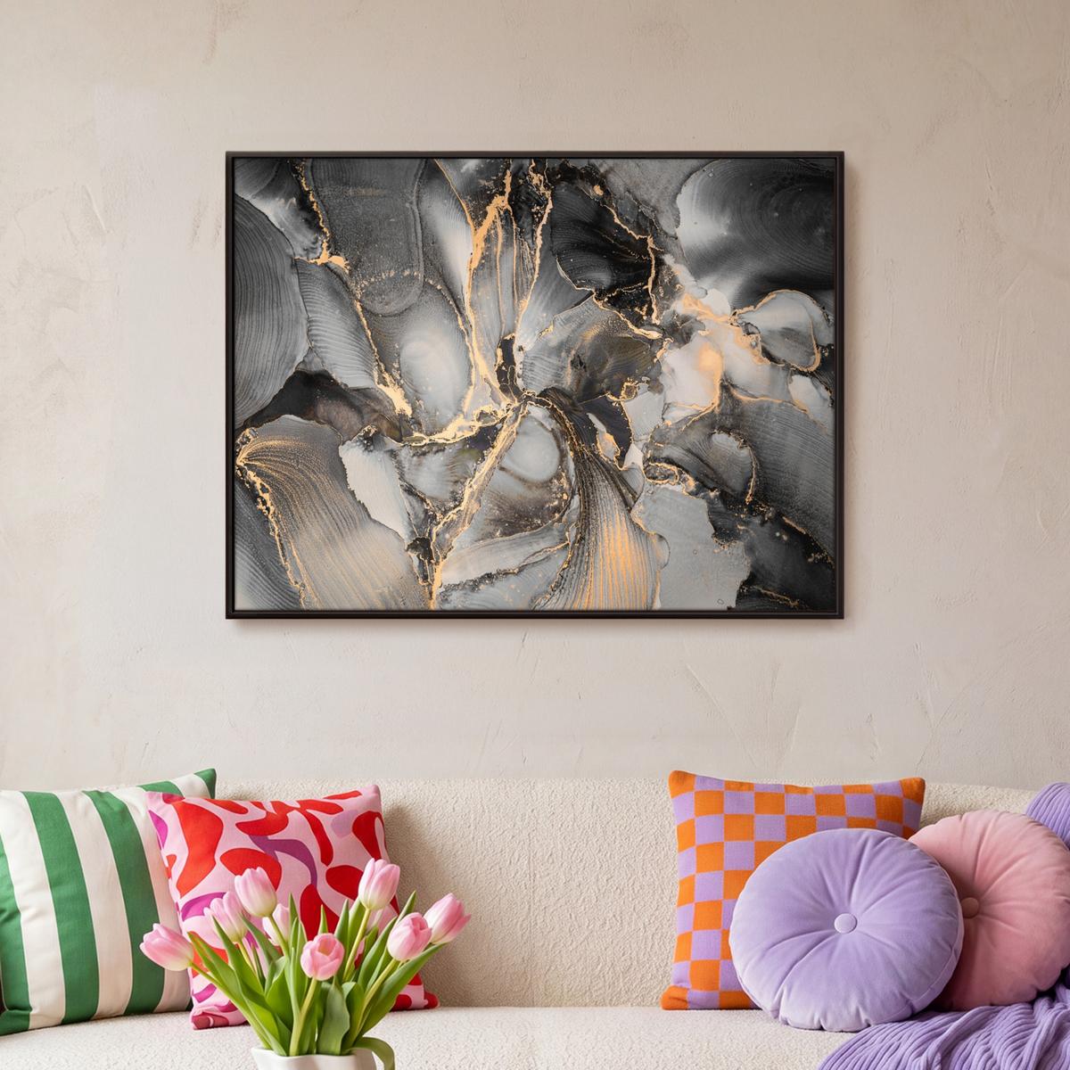LEINWAND Bilder mit Rahmen - Grau - Luxus - Gold - Marmor - 80x60 - Dunkelgrau, Textil (80/60cm) - MuchoWow