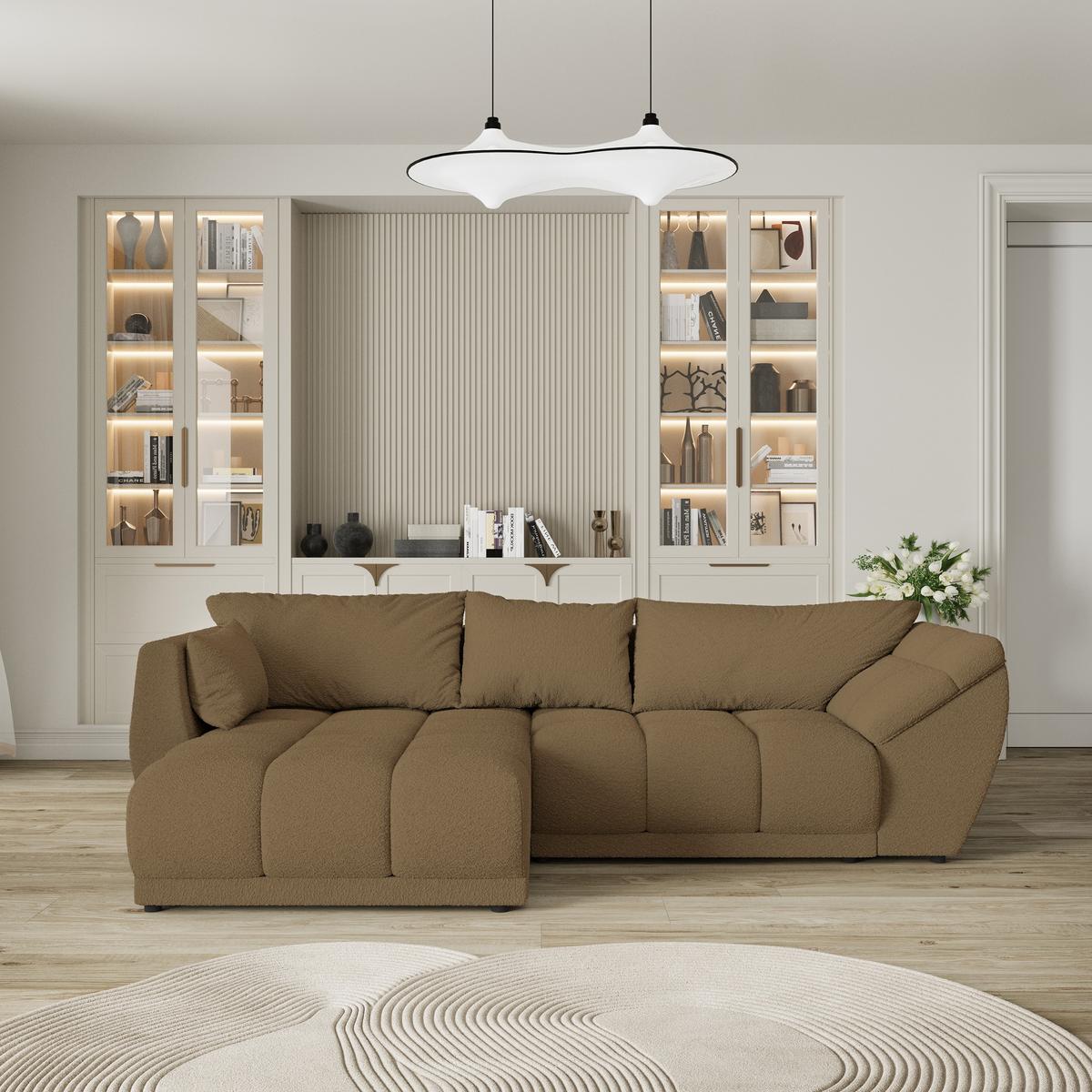 ECKSOFA ORENTI L-S Orange Boucle-Stoff mit Schlaffunktion - Orange, Holz (287/182cm) - MASSENO