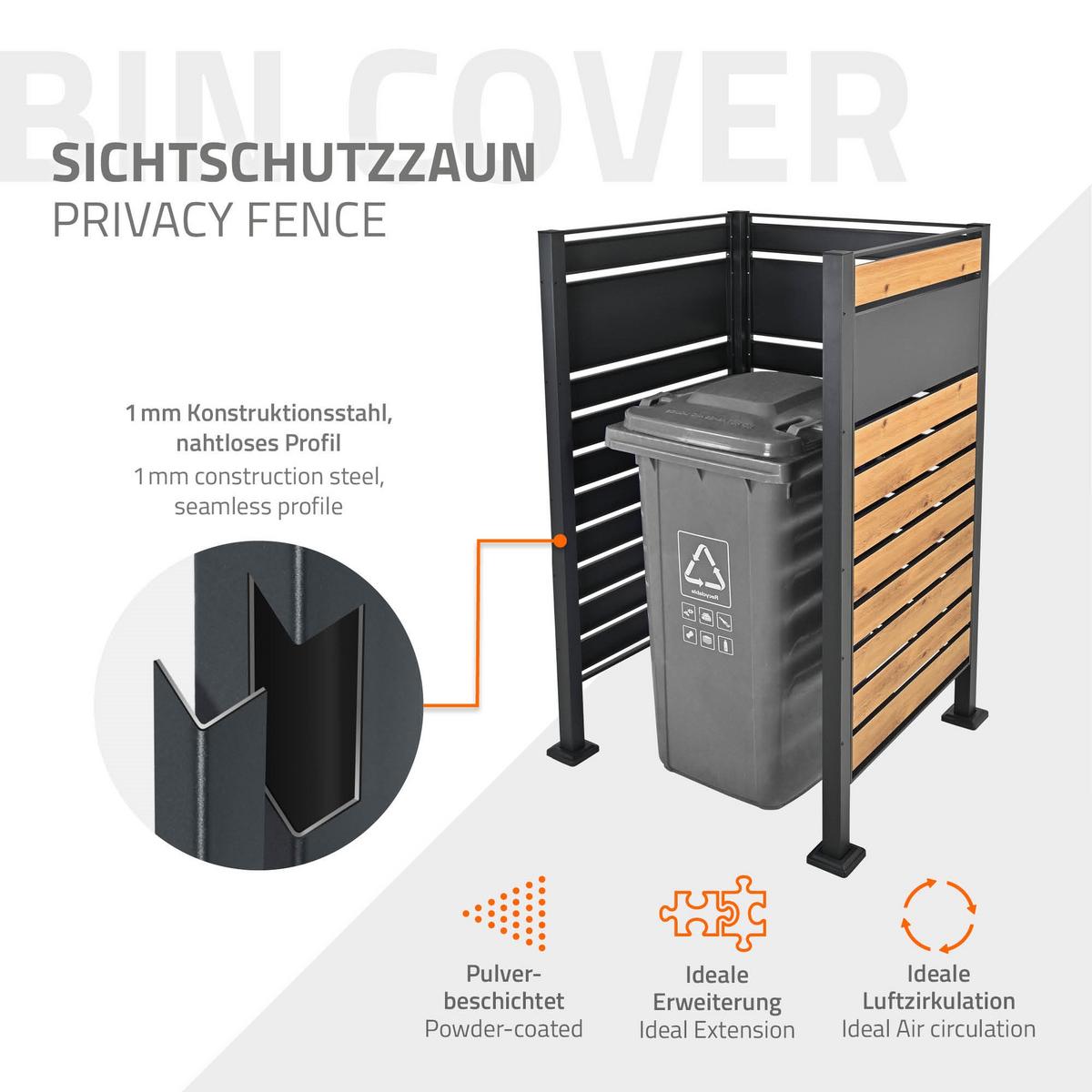 MÜLLTONNENZAUN 1er Anthrazit-Holzoptik - Anthrazit/Braun, Metall (11/150/86cm) - ML-DESIGN