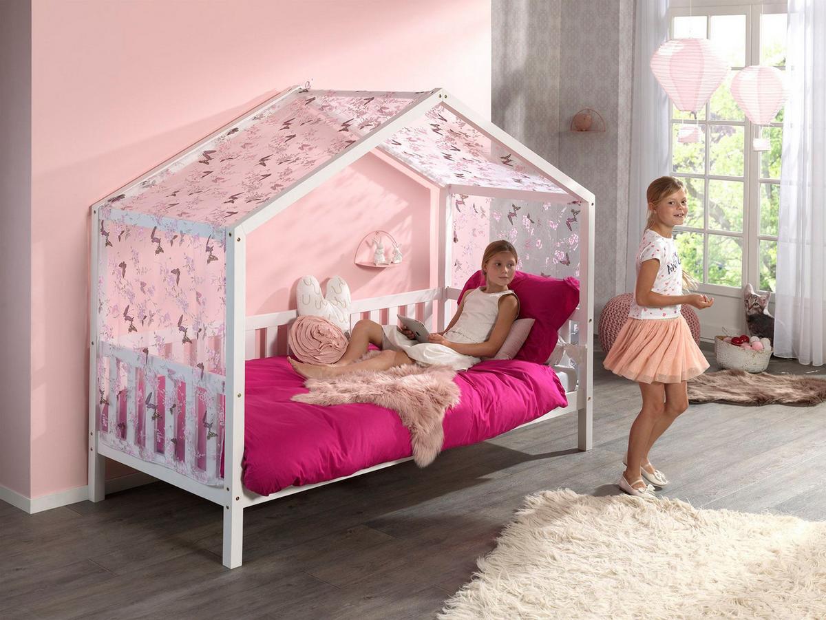 HAUSBETT mit Textilhimmel Kapua 210x170x97 aus Massivholz in Weiß - Weiß/Rosa, Holz (90/200cm) - 58aufmkessel