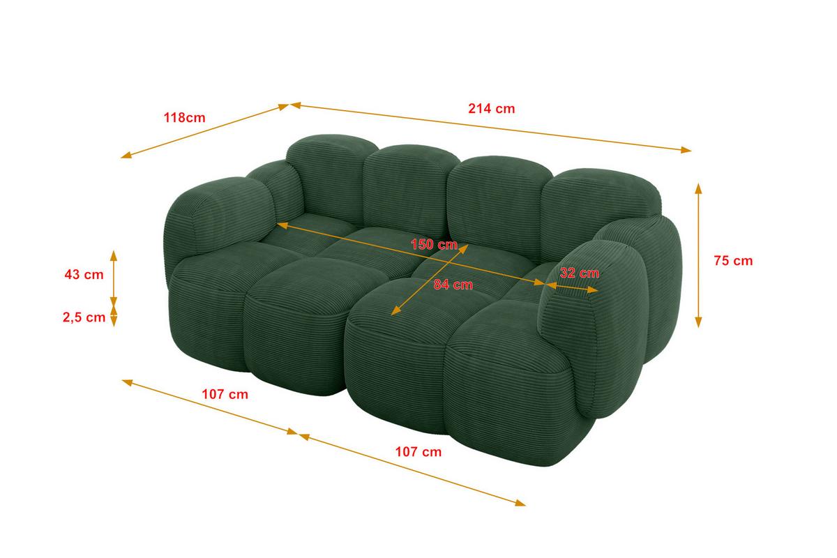 2-SITZER modulares Sofa Miko-S1 214x118x75 cm Grün Cord - Waldgrün/Schwarz, Holzwerkstoff/Kunststoff (214/75/118cm) - ALTDECOR