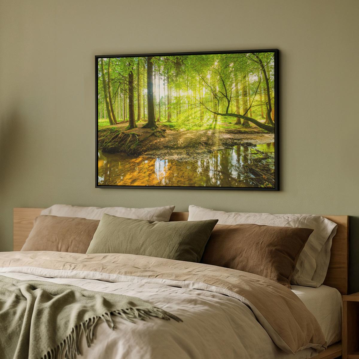 LEINWAND Bilder mit Rahmen - Wald - Landschaft - Wasser - Bäume - Sonne - Grün - Natur - 80x60 - Grün, Textil (80/60cm) - MuchoWow