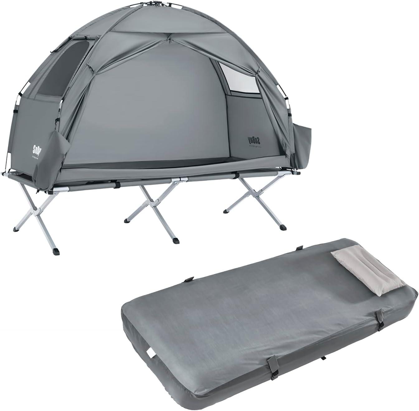CAMPINGBETT mit Zelt und aufblasbarer Matratze OGS32-II-HG-TP - Ahornfarben, Fell (193.5/86cm) - SoBuy